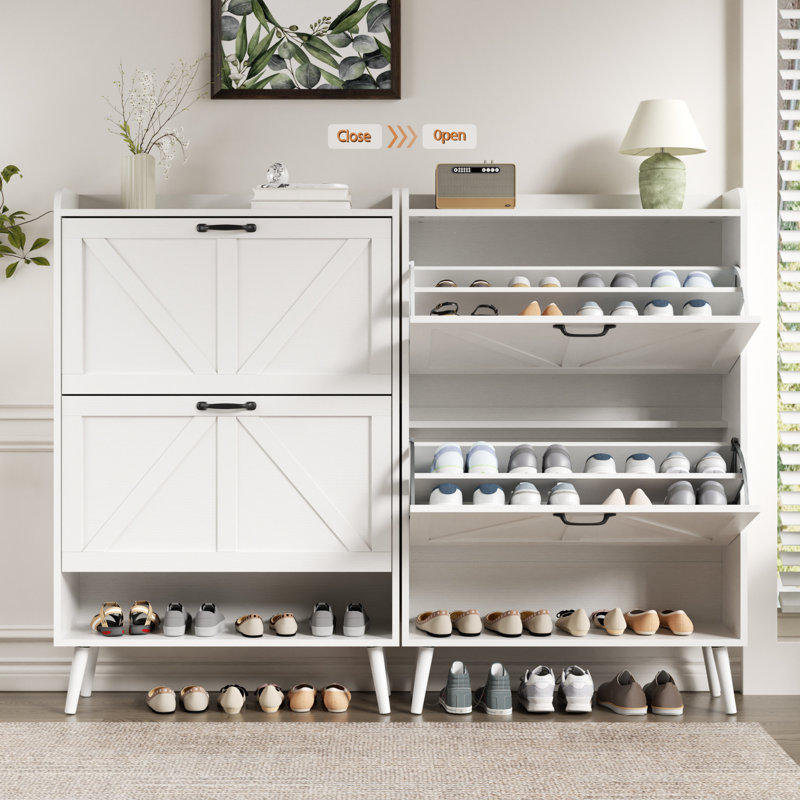 Shoe Storage Cabinet With 2 Flip Drawers, Freestanding Farmhouse Shoe Organizer Cabinet, White