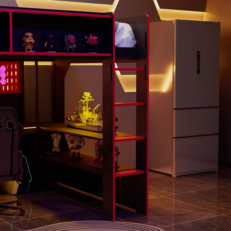 Lit mezzanine Gaming avec bureau, panneau perforé, DEL et rangement, Black+Red, Full / Double