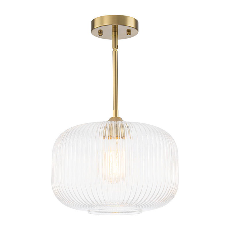 1-Light Ribbed Glass Clear Drum Pendant