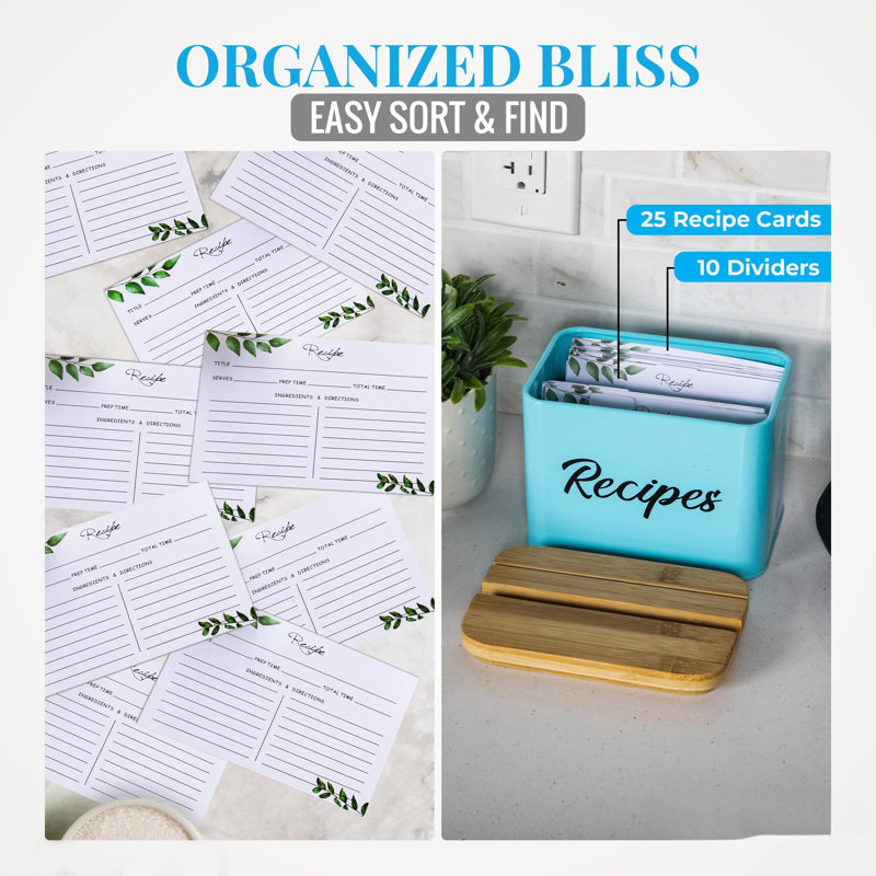 Recipe Box - White - 4"X6" Recipe Cards And Box Set - Durable Recipe Card Box With Thicker Metal - Includes 25 Cards And 10 Dividers