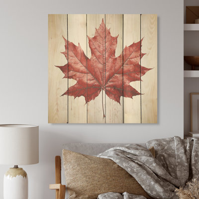 Scarlet Maple Leaf Simplicity - Leaves Wood Wall Art On Natural Pine Wood