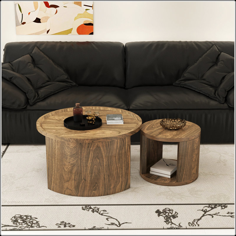 Ensemble de 2 tables basses rondes gigognes avec plateau en bois, conception peu encombrante pour les salons modernes et les petits espaces