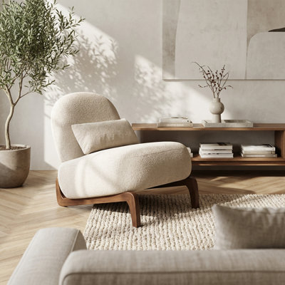 Chaise d'appoint moderne sans accoudoirs avec pieds en bois massif et coussin moelleux, siège de salon rembourré crème pour chambre à coucher, appartement, salle d'attente et balcon