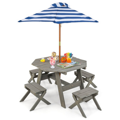 Kids Wooden Table Set With Octagon Table 4 Stools & Removable Adjustable Umbrella Grey