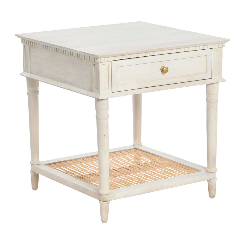 Ayleena Solid Wood End Table with Drawer and Woven Cane Storage Shelf, White