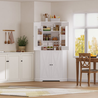 Farmhouse Corner Cabinet, 6-tier Kitchen Pantry Cabinet With 4 Adjustable Shelves, 2 Doors Storage & Spacious Hutch For Kitchen, Living Room, White by Ophelia & Co.