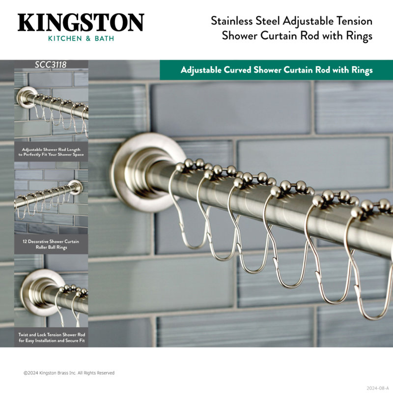 Brushed Brass Adjustable Tension Shower Curtain Rod with Rings