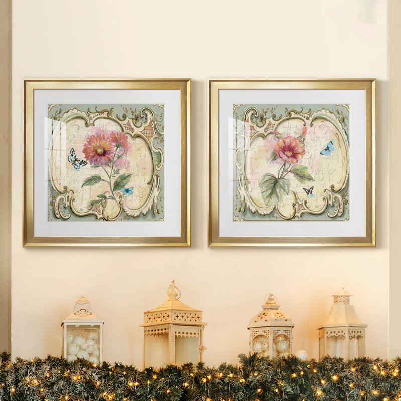 «Classical Flower III», ensemble de 2 reproductions d'art encadrées, Papier encadré doré, Blanc