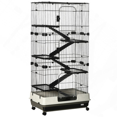 60" Small Animal Cage With Wheels, 6-Level Portable Bunny Cage, Chinchilla Ferret Cage With Removable Tray, Platforms And Ramps, Black