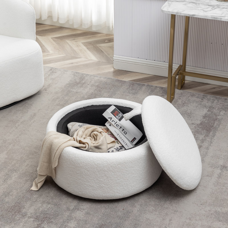 Savinien Upholstered Round Storage Ottoman, White Performance Boucle