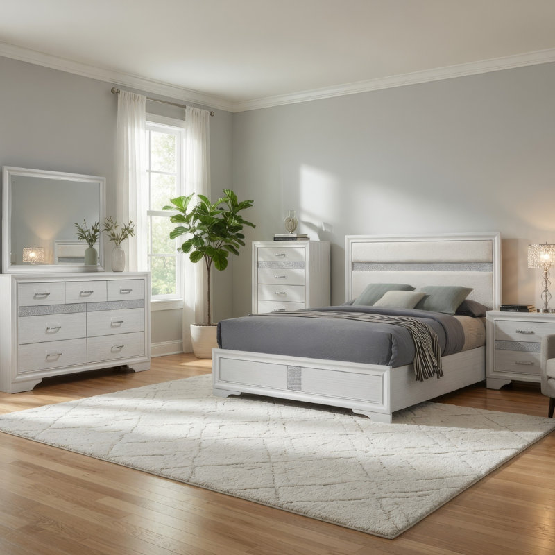 Ensemble de grand lit 5 pièces avec commodes, miroir, paillettes Vino White, Grand, Blanc