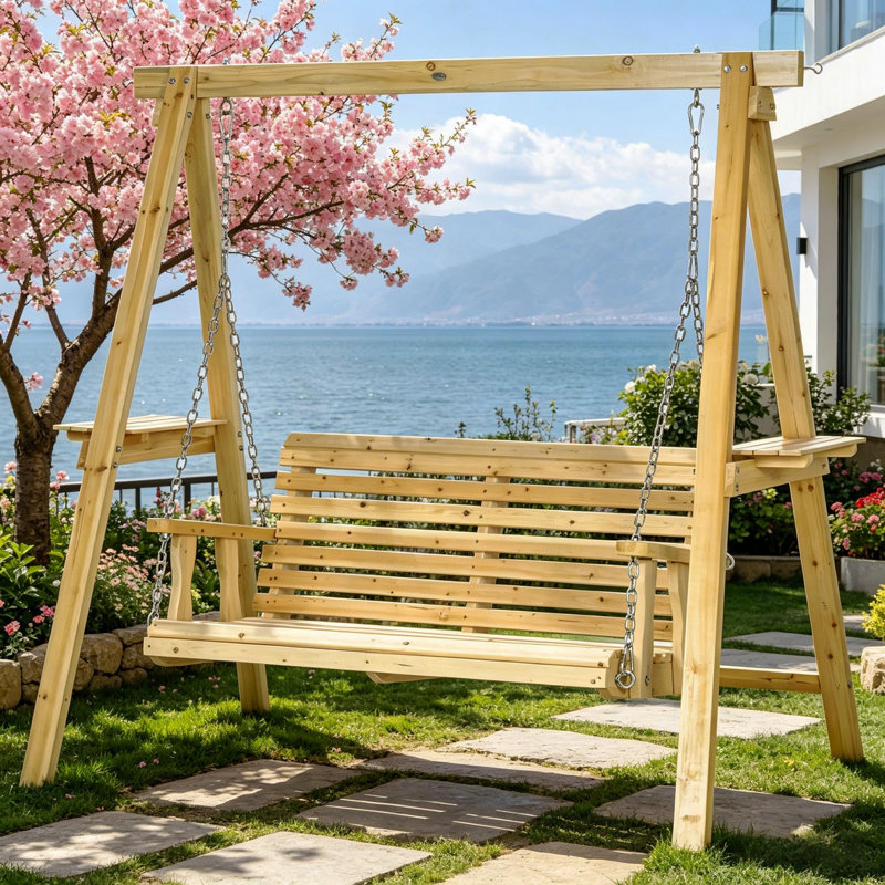 2-Seat Orch Swing With Stand, Wooden Patio Swing Chair With Side Tables And Metal Chains, Outdoor Hanging Bench, Natural