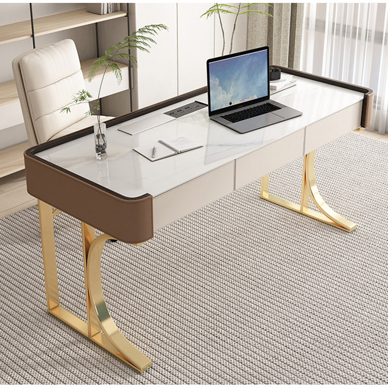 Bureau en acier fritté clair de luxe clair et acier inoxydable, H 29,5 po x l 55,1 po x P 23,6 po
