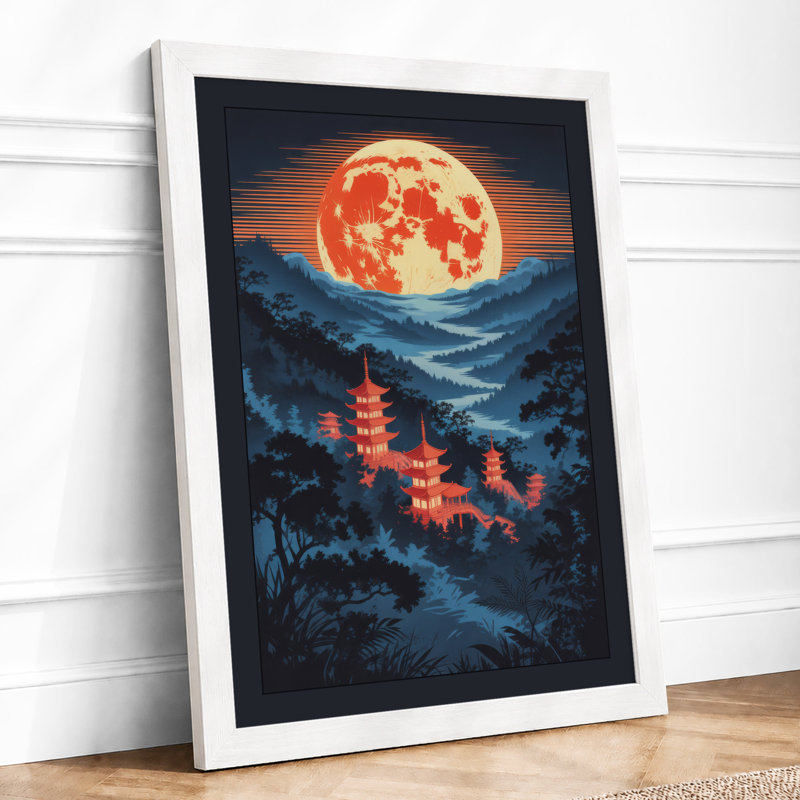 Lantern Path Under Red Moon Japandi - Print, A3 - 42.0 x 29.7 cm, White