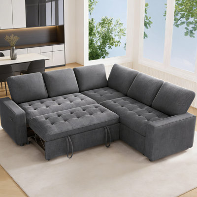 5-Seat L-Shaped Modular Sofa With Sleeper & Usb Charging — Space-Saving, Reclining, And Ready For Relaxation.