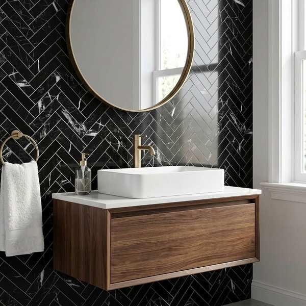 Nero Marquina Polished 1x4 Herringbone Marble Mosaic