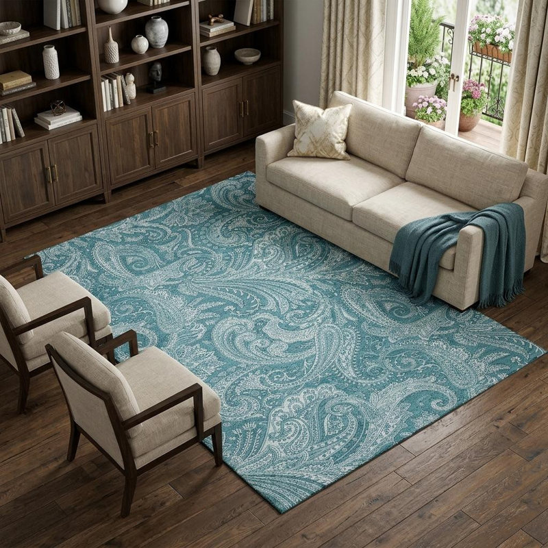 Tapis lavable turquoise et cachemire 10 pi x 14 pi avec protection UV