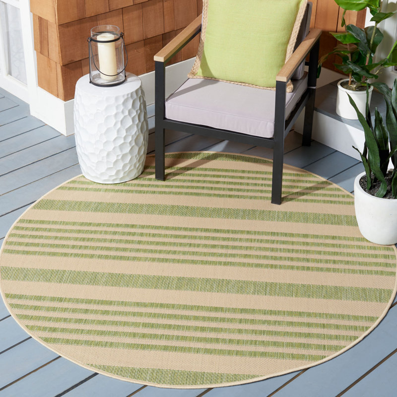 Tapis rayé beige et pois de senteur pour l'intérieur et l'extérieur Arneshia, Rond 4 pi