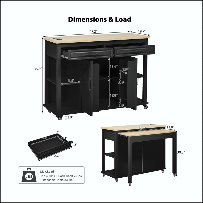 47" Kitchen Island with Extendable Dining Table, Internal Racks, and Power Outlet – Black, Black