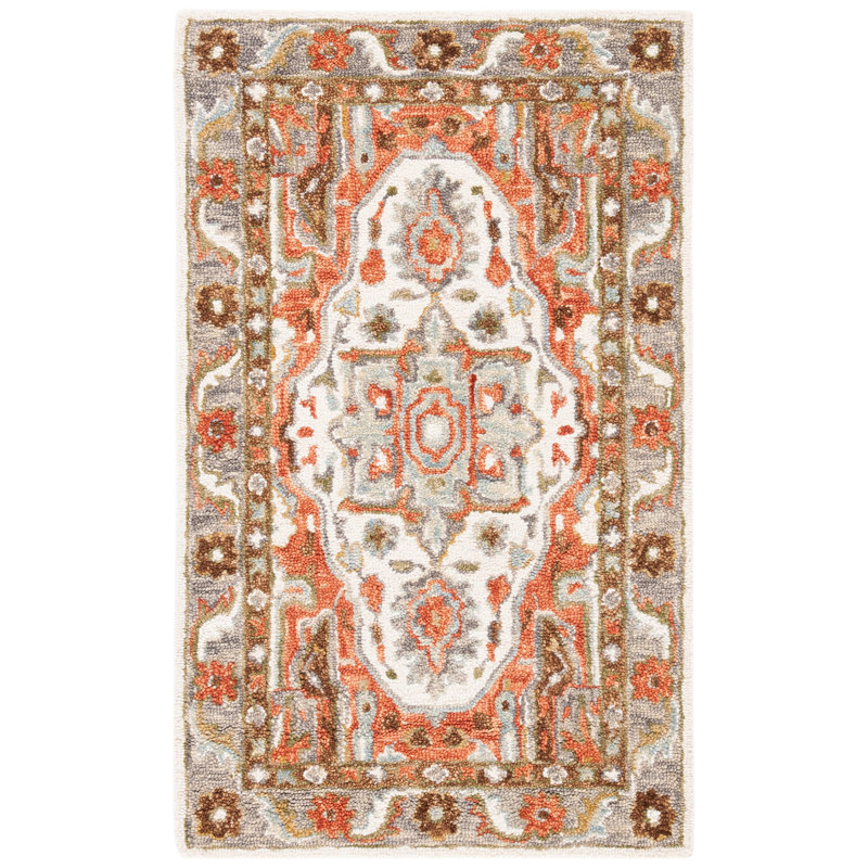 Tapis ivoire / rouge en laine touffeté à la main Marchesini, Rectangle 4 pi x 6 pi