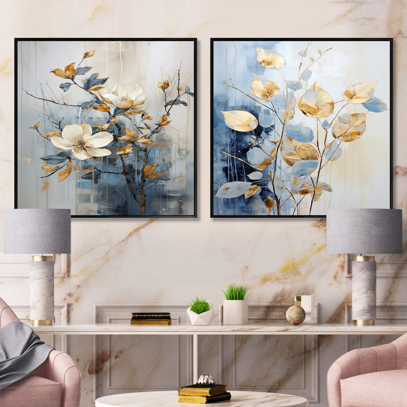 Ensemble de 2 collages carrés floraux beiges et bleus, Cadre flottant noir, H 30 po x l 61 po
