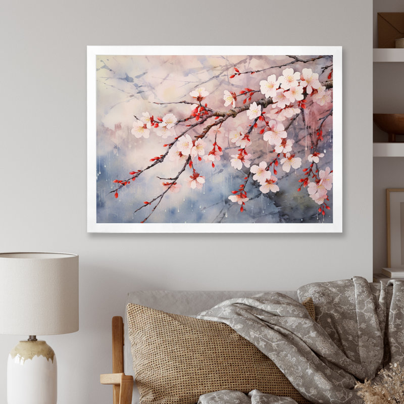 «Flower Whispers Cherry Blossoms» sur toile, H 24 po x l 32 po x P 1 po, Cadre simple blanc