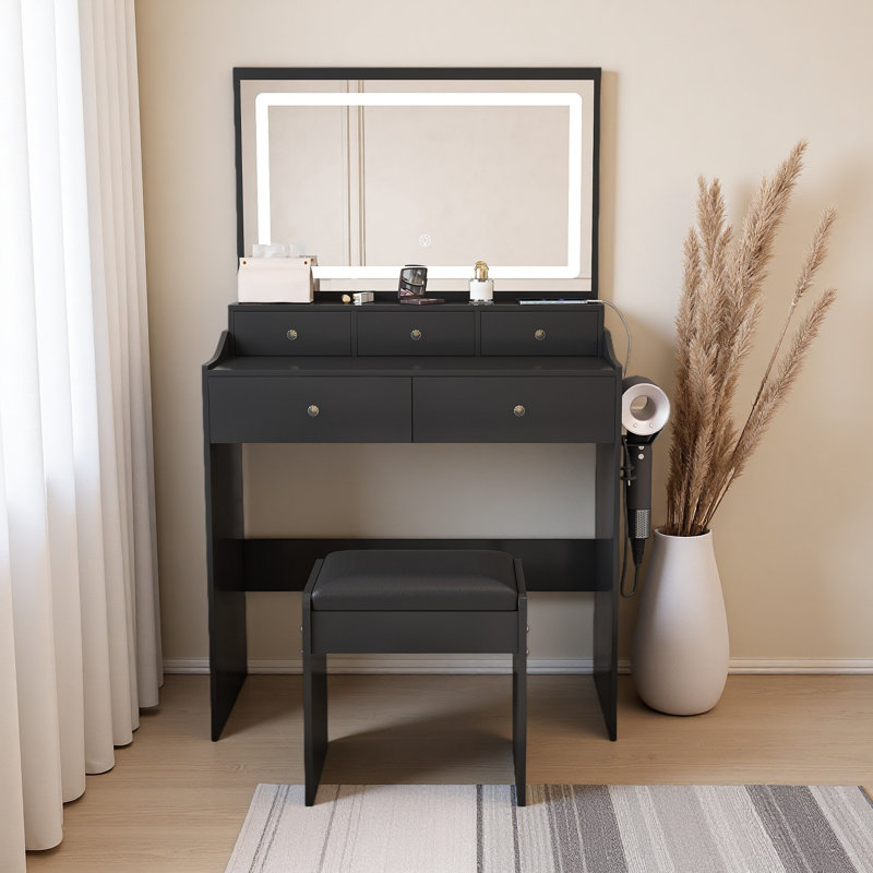 New Large Mirror Vanity Desk For Bed Room , Modern Makeup Vanity Set With Power Outlet And Hair Dryer Holder, 5 Drawers