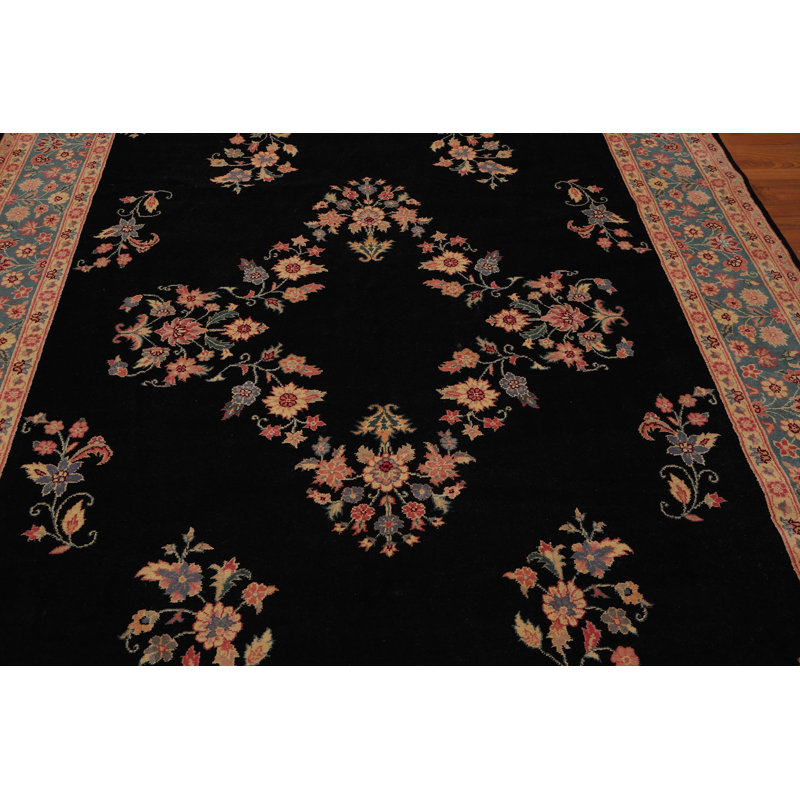Tapis de surface en laine noir/aqua/beige 8 pi 3 po x 11 pi 5 po one-of-kind à la main noué la Eliseo