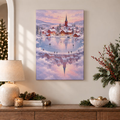 Winter Village With Red Houses On Pink Sky Frozen Christmas Canvas Wall Art
