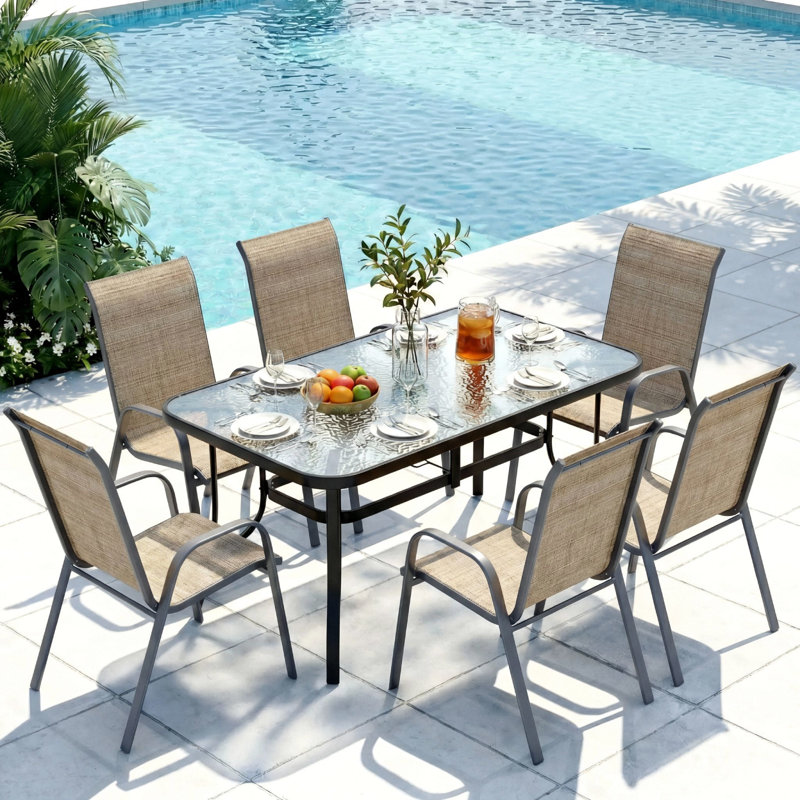 Patio Dining Set For 6, Outdoor Table And Chairs W/1.69?Umbrella Hole, All Weather Patio Furniture Set, 30"X 55" Table And Stackable PVC-coated polyester Chair, For Lawn, Deck (Umbrella Not Included)
