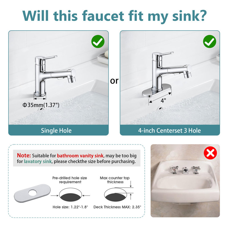 Robinet de lavabo de salle de bain à un trou extractible avec bonde escamotable, Chrome chrome