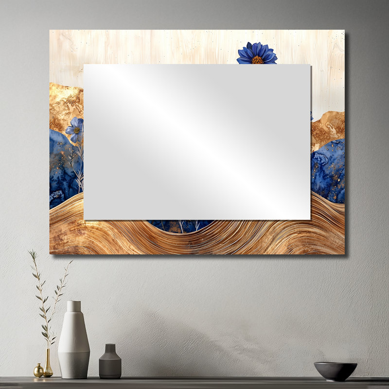 Aqua Cornflowers Flowers And Wooden Landscape I - Floral Mirror Wall Art - Printed On Metal, 30" x 40"