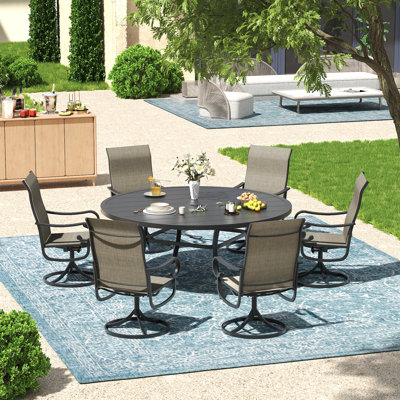 60" Round Patio Dining Set with 6 Swivel PVC-coated polyester Chairs and 6-8 Person Patio Dining Table