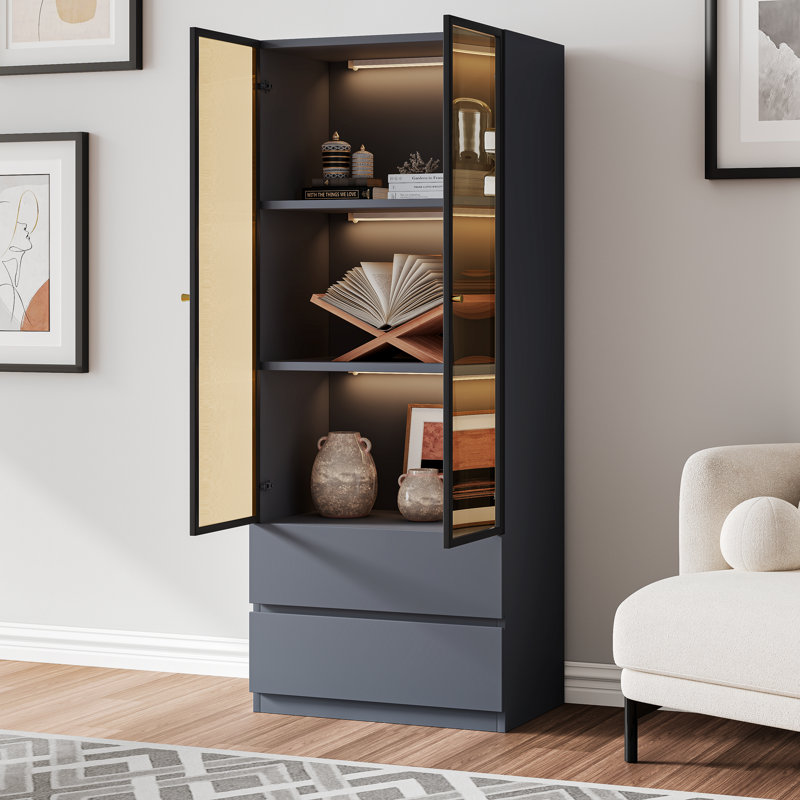 Gray Glass Display Cabinet with Storage for Collectibles, Wood 3-Tier Display Case with Glass Doors and 2 Drawers , Modern Hutch Curio Cabinet for Living Room and Kitchen