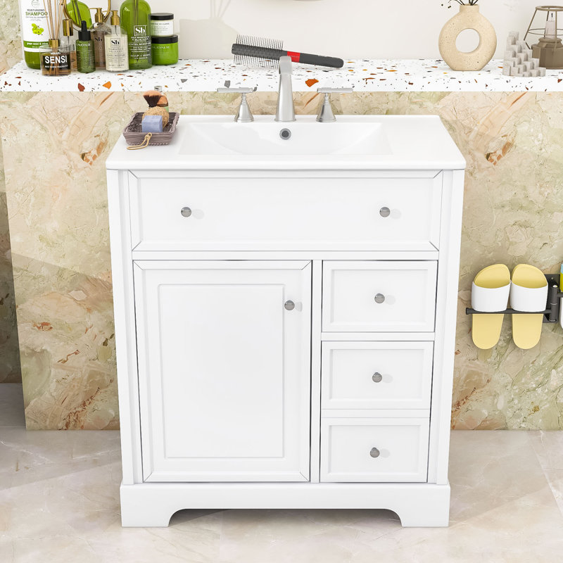 Meuble-lavabo moderne de 30 pouces avec lavabo en céramique et beaucoup de rangement, Blanc