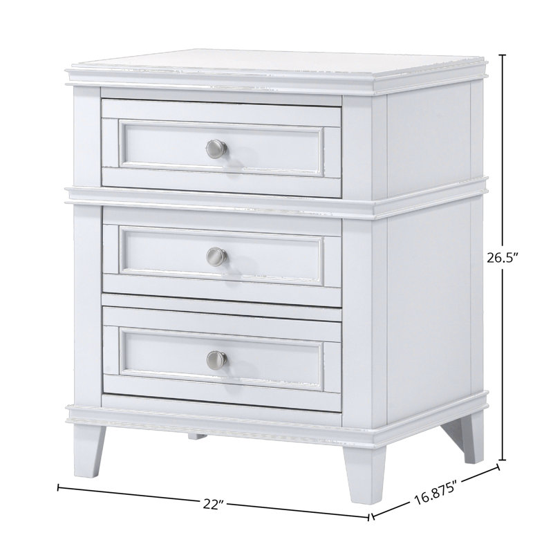 3 Drawer Nightstand W/ USB 3 Storage Drawers USB Charging Port Poplar Solids Custom Hardware, White