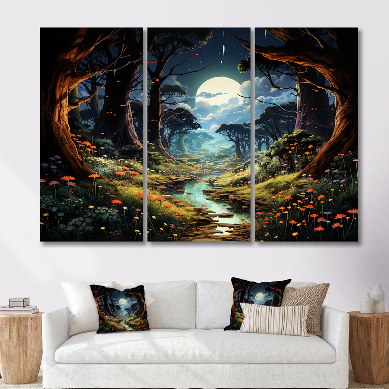 Pleine lune fleurie, rivière, forêt, ensemble d'art mural, Toile tendue, H 40 po x l 60 po x P 1 po