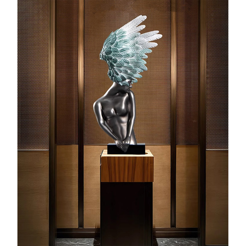 Zen-Style Fiberglass Angel Sculpture Decoration Item, Silver/Teal