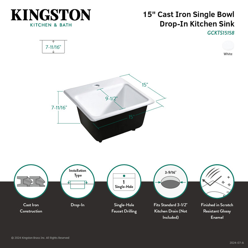 Évier de cuisine encastré à cuve simple en fonte à cuve simple 1 trou Kingston