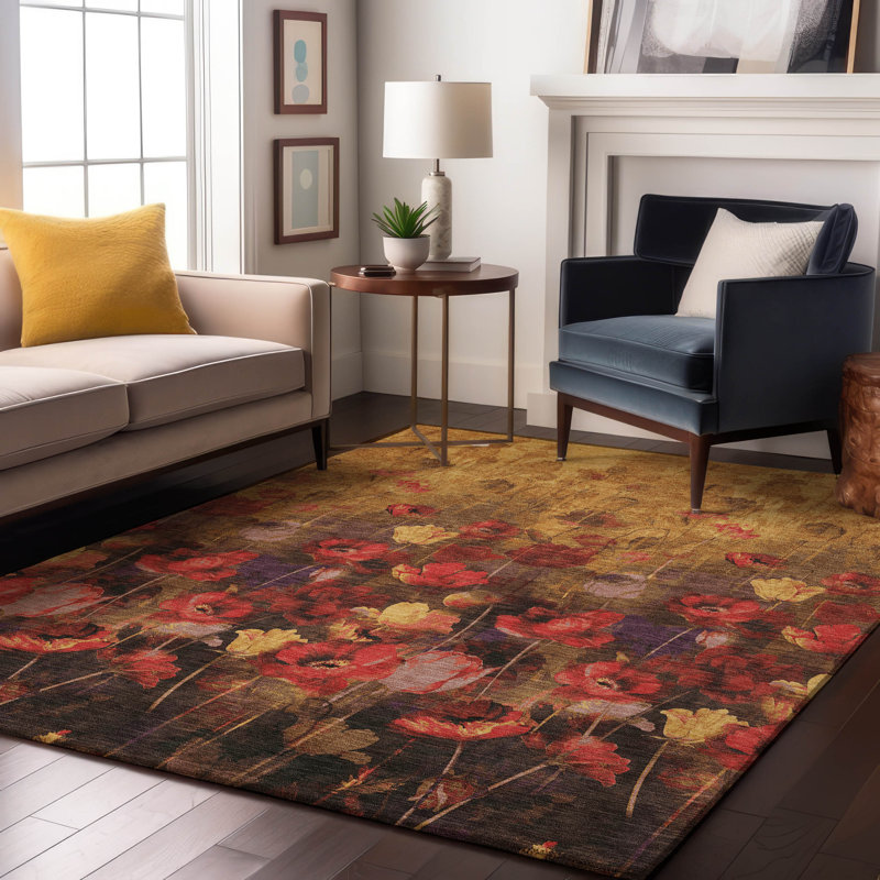 Premium Machine Washable Lyndhurst AMF992 Floral Rug, Rectangle 3' x 5'