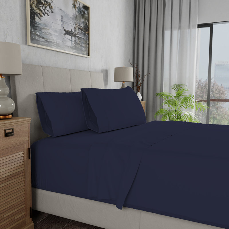 100% Cotton Lightweight Percale Weave Sheet Set, Queen Sheet Set with 2 Pillowcases, Navy