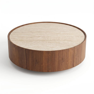 Table basse ronde en MDF avec plateau en pierre frittée et tiroir de rangement dissimulé, finition laquée noyer et crème, 100 cm (39,3 pouces), style moderne du milieu du siècle, idéale pour le salon et la décoration intérieure.