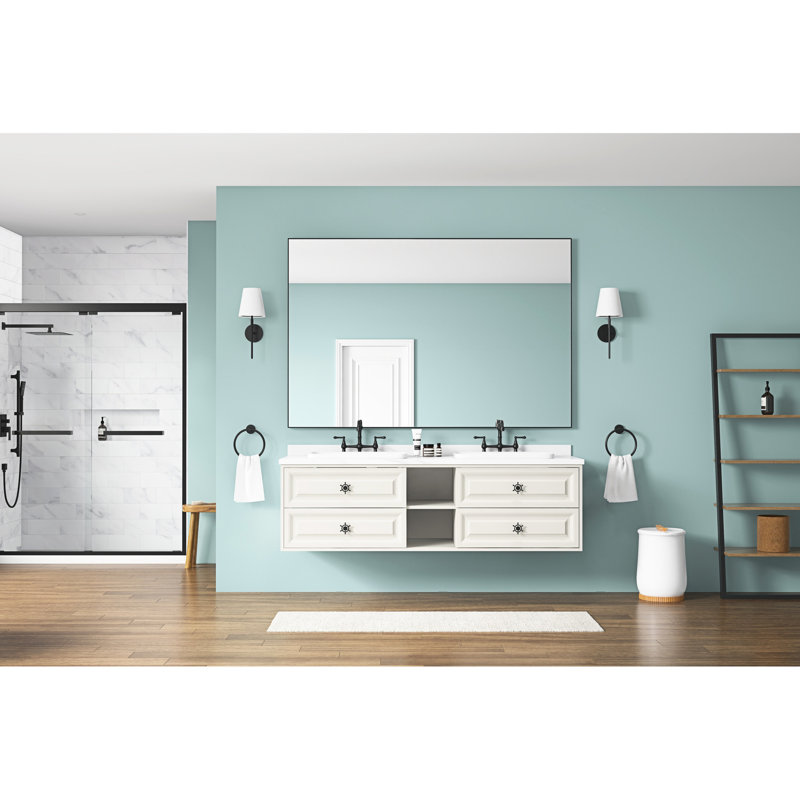 84 po X 48 po Miroir mural de salle de bain avec cadre en métal - rectangulaire, rouille, non, noir mat, chic, option d'installation facile à suspendre