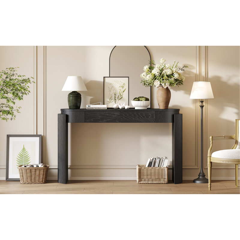 Table basse en grain de bois naturel avec pieds cannelés - plateau ovale, 2 tiroirs et amp; Gain de place pour les salons