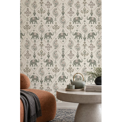 Elephants Wallpaper Paisley Floral Pattern Sage Green Ivory Background