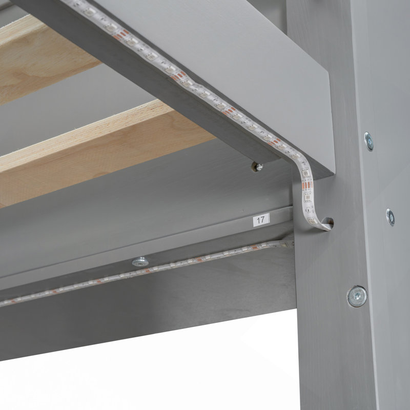 Lit mezzanine simple en bois avec bureau, étagères à rangement multiples, DEL et support à vêtements suspendu, Lit simple