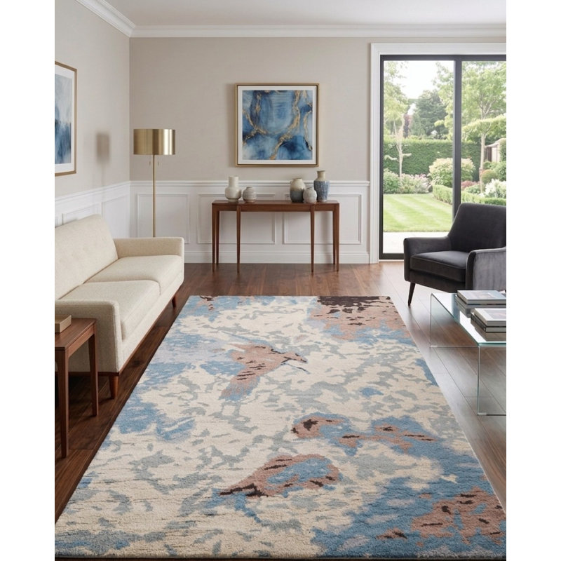Tapis d'intérieur multicolore en laine fait à la main à motif abstrait noué à la main, Rectangle de 5 pi x 8 pi