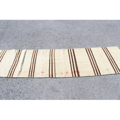 Unique Handwoven Vintage Turkish Runner Rug In Cream And Brown Stripes For Enhancing Hallway Decor With Timeless Elegance And Bohemian Style