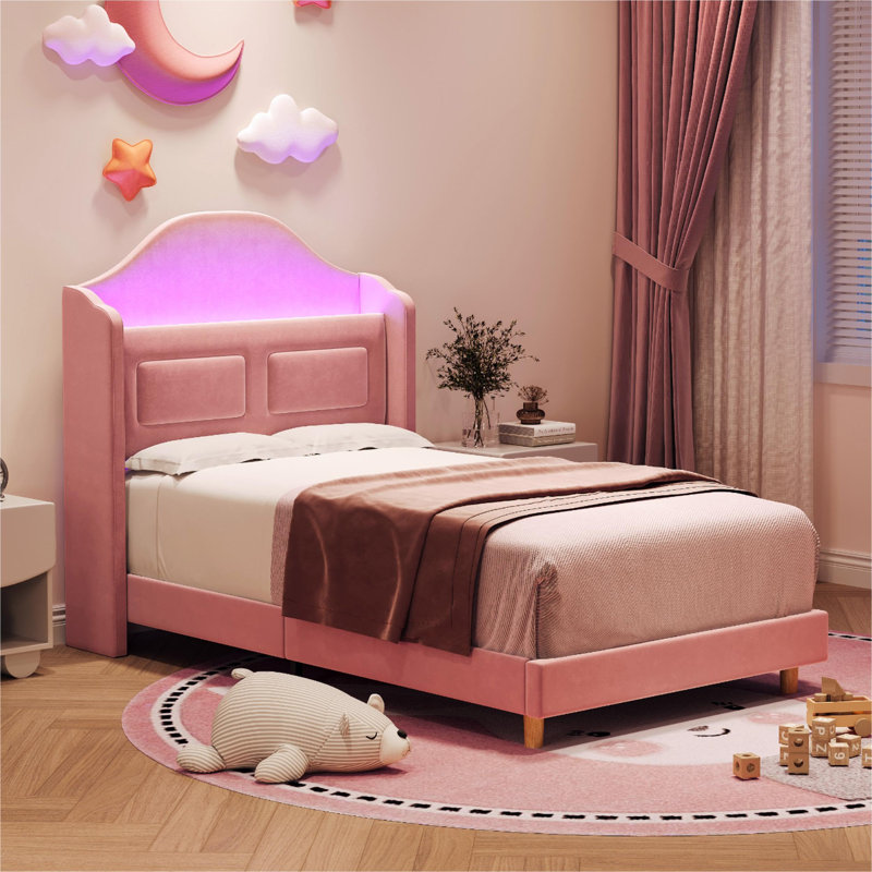 Cadre de lit simple avec lumières, lit plateforme élégant en velours, Rose