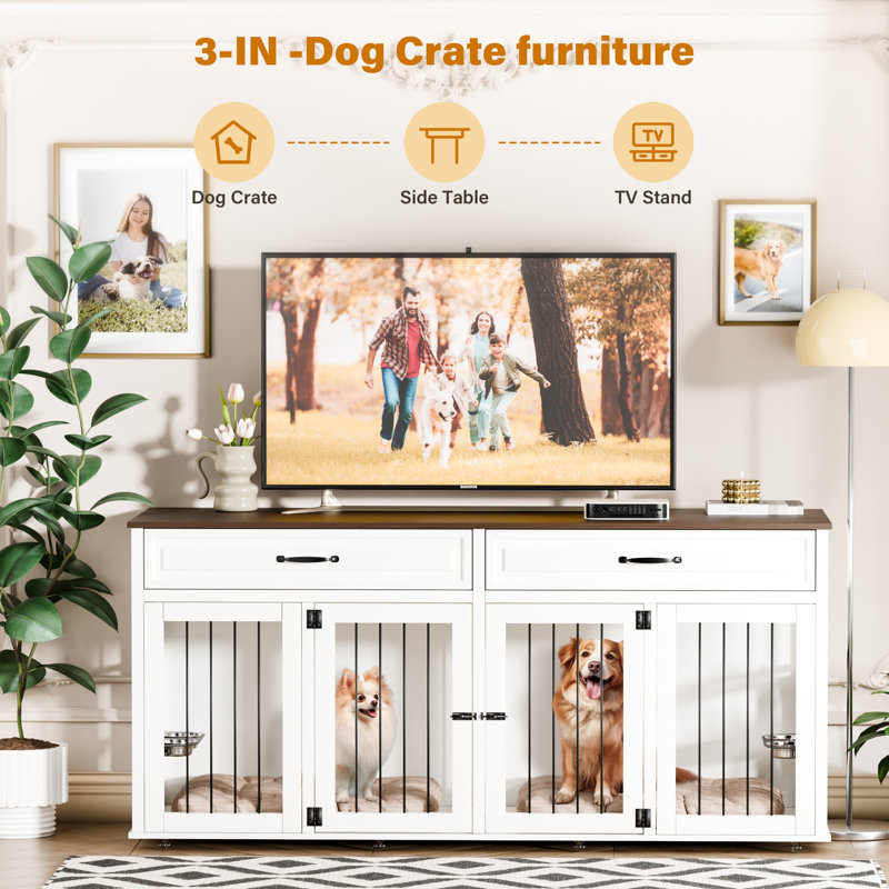 71" White Rolling Large Dog Crate Table with Drawers